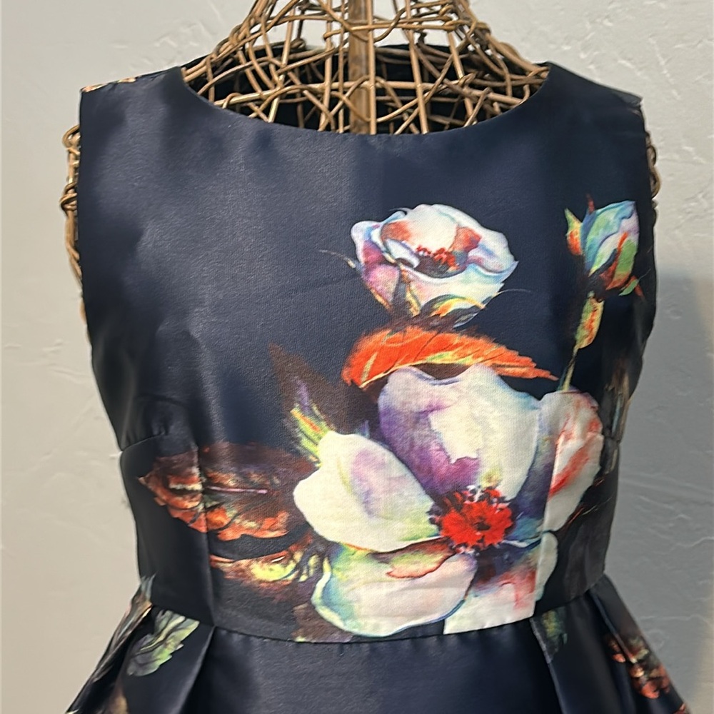Beulah Style Floral on Navy, fit/flare occasion midi dress. Sleeveless. Size MP - Picture 2 of 12